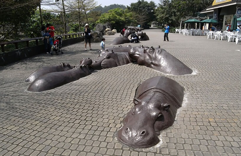 hippos swimming in concrete weird sculpture